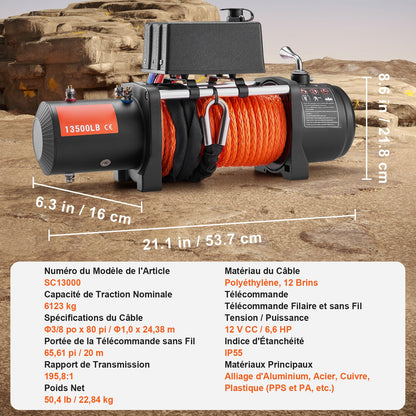 Electric Winch, 13500 lbs Load Capacity, 12V DC Truck Winch with Φ3/8 in x 80 ft Synthetic Rope, Wireless & Wired Remote Control, Suitable for Towing Off-Road SUV Jeep Trailer Boat