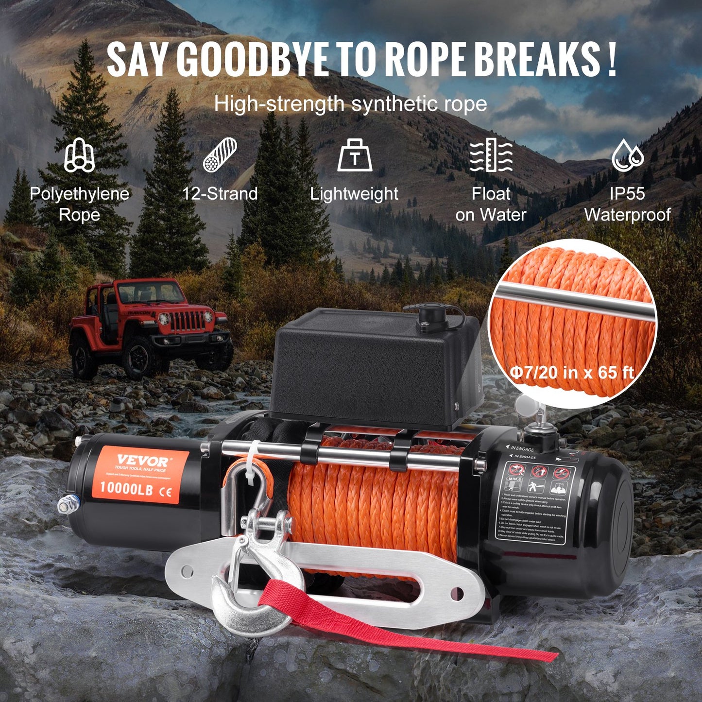 Electric Winch Truck 10,000 lb Synthetic Rope Waterproof Remote Control