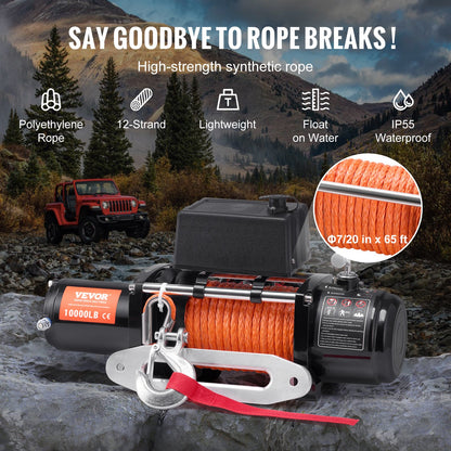 Electric Winch Truck 10,000 lb Synthetic Rope Waterproof Remote Control