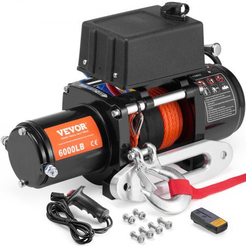 Electric Winch, 6000 lb, 12V DC Truck Winch with Φ1/4 in x 55 ft Synthetic Rope Aluminum Fairlead Wireless & Wired Remote Control, IP55 Waterproof for Towing Off-Road SUV Truck Jeep Trailer Boat