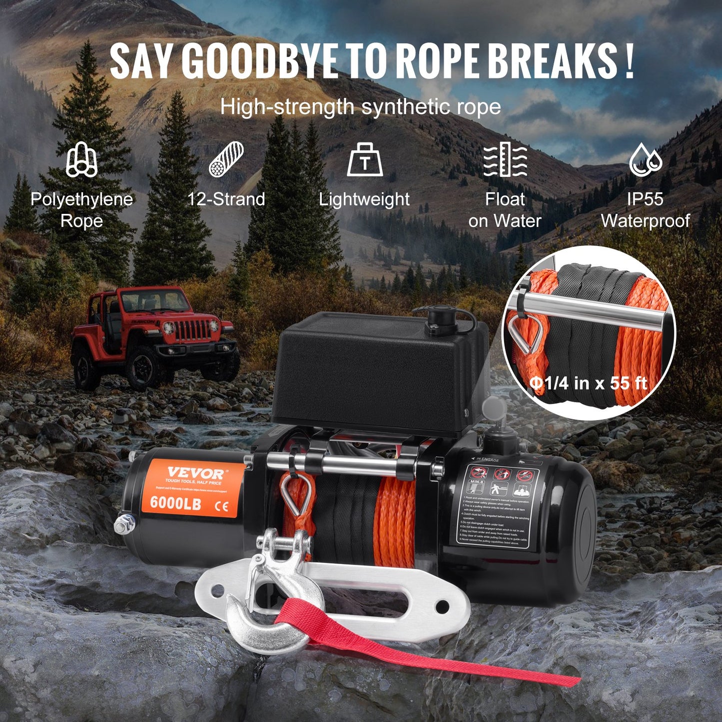 Electric winch for truck 6000 lb synthetic rope Waterproof remote control