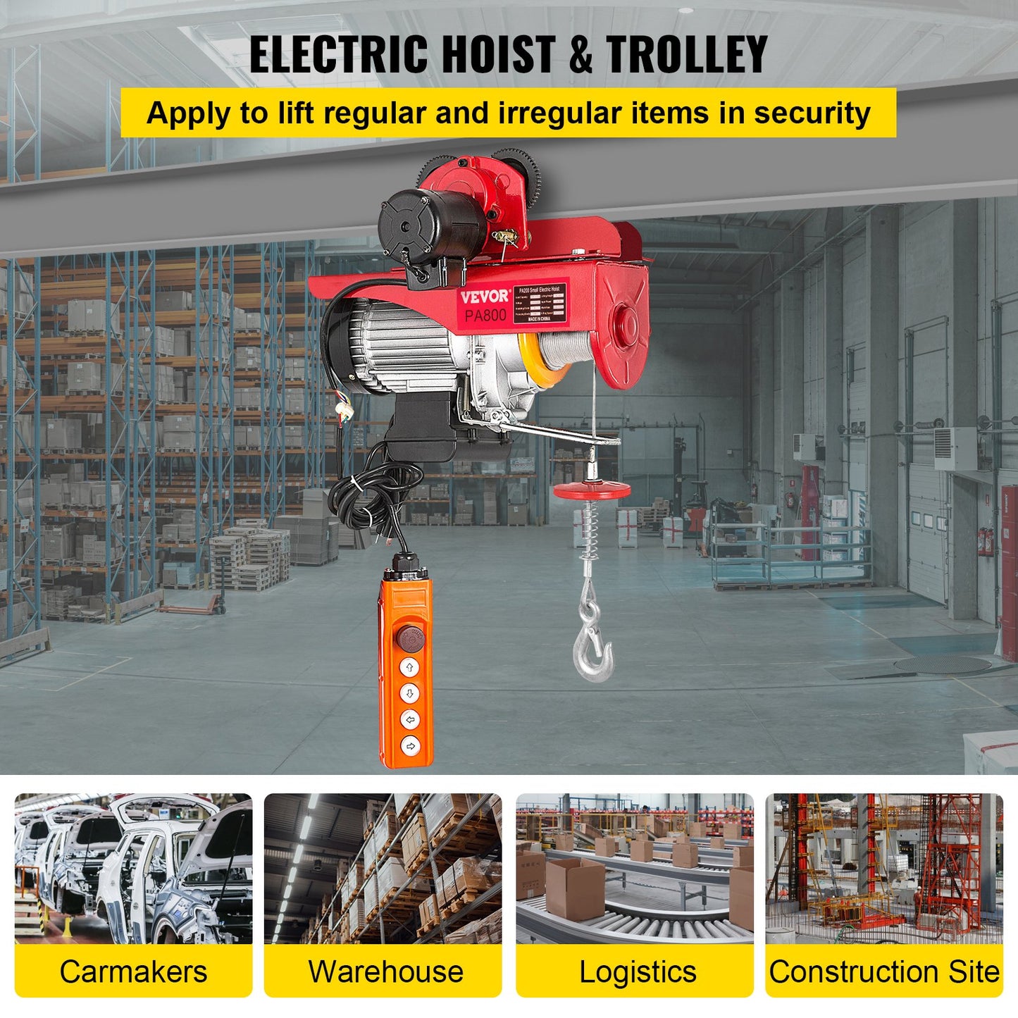 800Kg/1700Lbs Electric Trolley Lift 1300W Electric Lifting Winch Double 12M/40Ft, Electric Lift Electric Forklift Steel Pallet Rack Lever Garage Lift