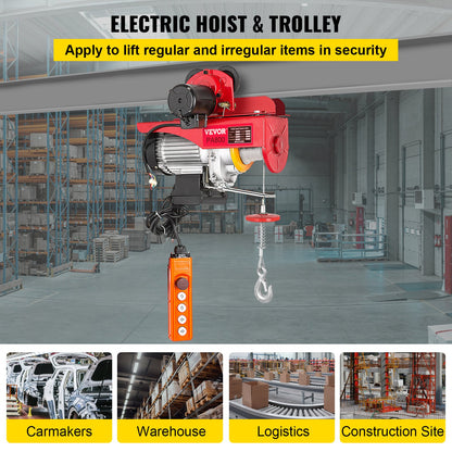 800Kg/1700Lbs Electric Trolley Lift 1300W Electric Lifting Winch Double 12M/40Ft, Electric Lift Electric Forklift Steel Pallet Rack Lever Garage Lift