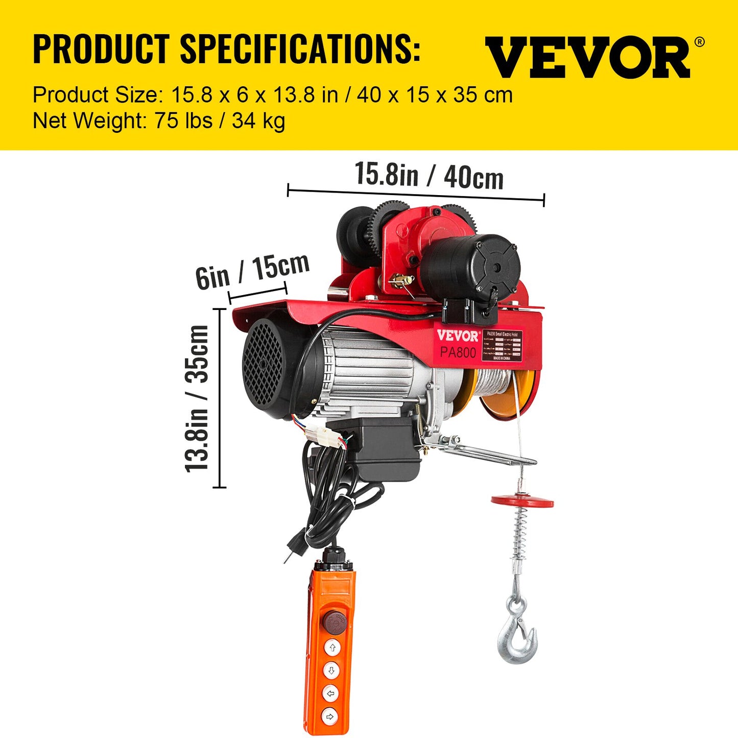 800Kg/1700Lbs Electric Trolley Lift 1300W Electric Lifting Winch Double 12M/40Ft, Electric Lift Electric Forklift Steel Pallet Rack Lever Garage Lift