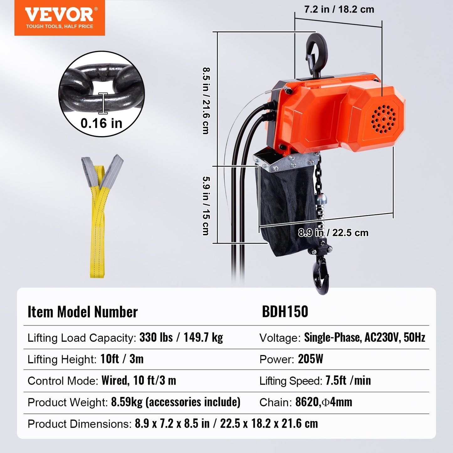 Electric Chain Hoist Single Phase Crane Hoist 330 lbs Load 10 Feet Lift