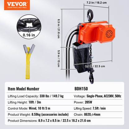 Electric Chain Hoist Single Phase Crane Hoist 330 lbs Load 10 Feet Lift