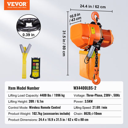 Electric chain hoist Three phase crane hoist 4400 lbs Load 20 feet lift