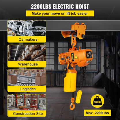 Electric Chain Hoist Single Phase Crane Hoist 2200 lbs Load 13 Feet Lift