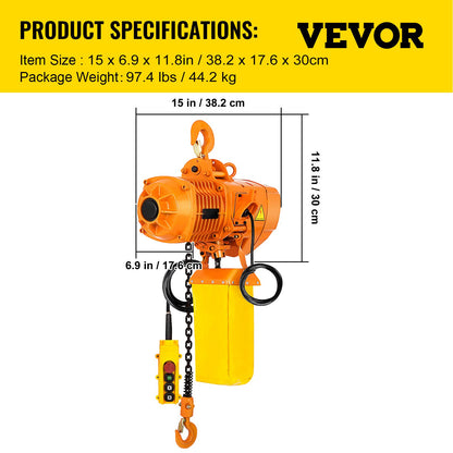 Electric Chain Hoist Single Phase Crane Hoist 2200 lbs Load 13 Feet Lift
