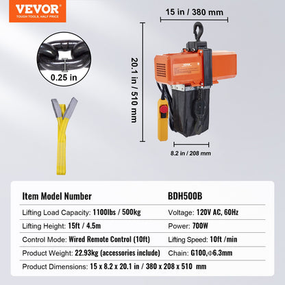1100 lbs Electric Chain Hoist 15 FT Lifting Height, 120V Electric Hoist, Single Phase Overhead Crane with G100 Chain, 10 ft Wired Remote Control for Garage, Shop, Hotel, Home
