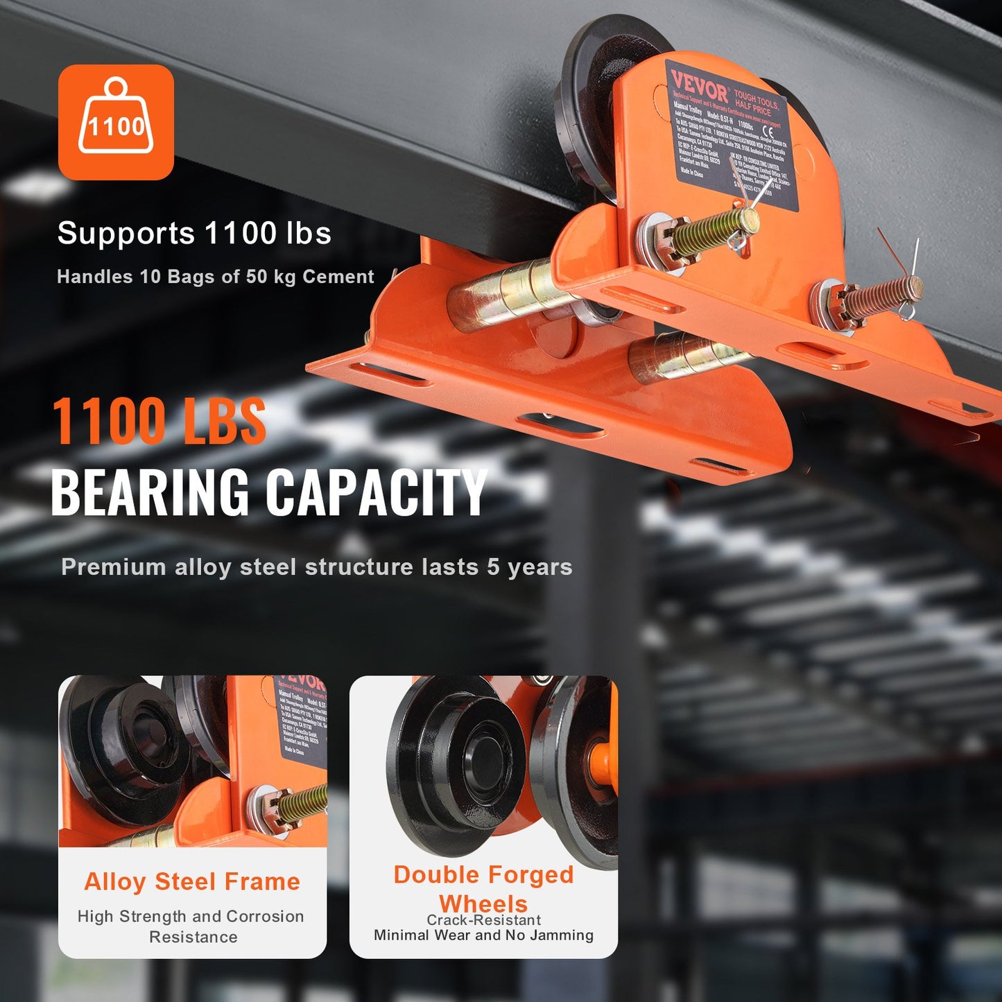 Elektrisk lyftvagn manuell, 1100 lbs/0,5 ton Kapacitet för PA200 PA250 PA300 PA400 PA500, skjutbalkvagn med dubbla hjul, 2,36"-4,72" justerbar flänsbredd för rakböjd I-balk