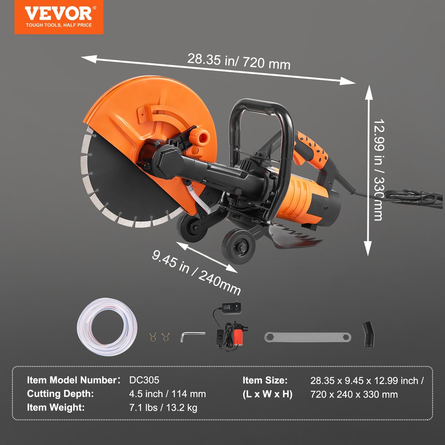 Electric Concrete Saw, 12 in, 1800 W Motor Circular Saw Cutter with Max. 4.5 in Adjustable Cutting Depth, Wet Disk Saw Cutter Includes Water Line, Pump and Blade, for Stone, Brick
