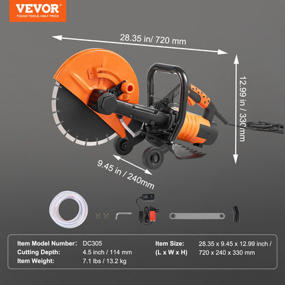 Electric Concrete Saw, 12 in, 1800 W Motor Circular Saw Cutter with Max. 4.5 in Adjustable Cutting Depth, Wet Disk Saw Cutter Includes Water Line, Pump and Blade, for Stone, Brick