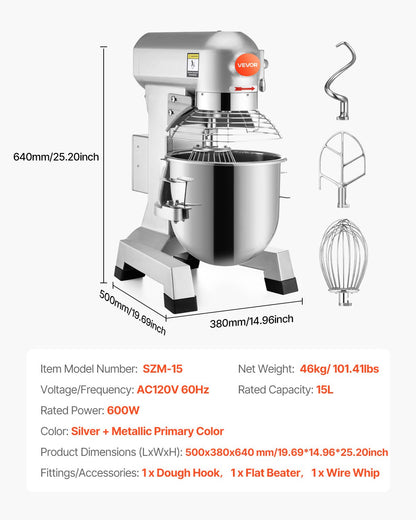 Commercial Food Mixer 15Qt 600W 3 Speeds Adjustable 110/178/390 RPM Heavy Duty 110V with Stainless Steel Bowl Dough Hooks Whisk Beater Premium for Schools Bakeries Restaurants Pizzerias