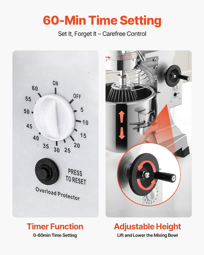 Commercial Food Mixer 20Qt 750W 3 Speeds Adjustable 105 180 and 408 RPM Food Processor Heavy Duty with Stainless Steel Bowl Dough Hooks Whisk Beater for Schools Bakeries Restaurants Pizzeria