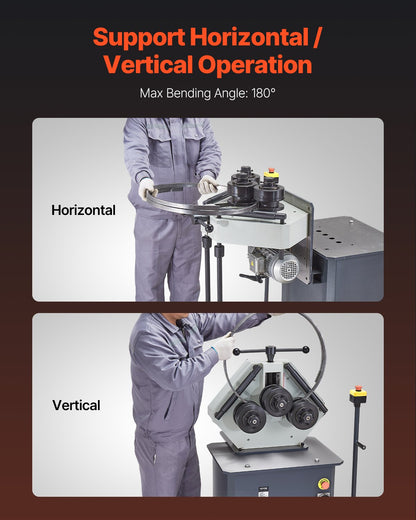 750W Electric Roll Bending Machine, 3-Roller Electric Pipe Bender Machine with 180° Maximum Bending Angle & Reversible Foot Switch, Support Horizontal/Vertical Operation (220V 60Hz 3-Phase)
