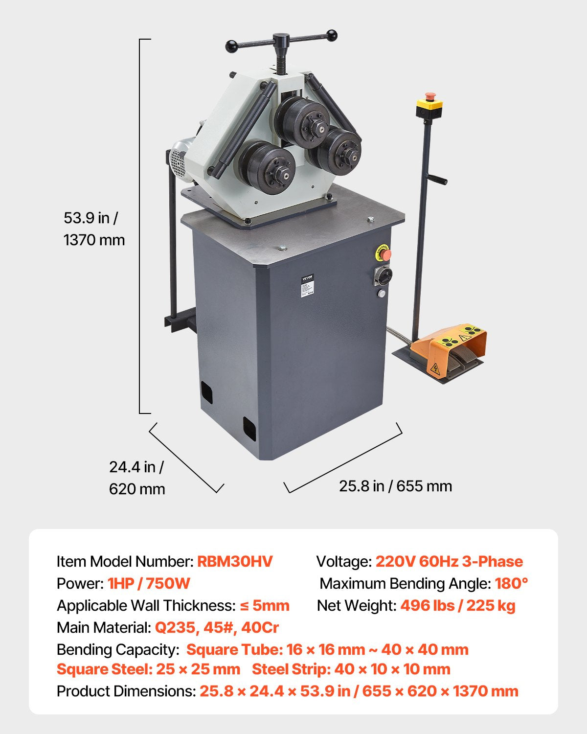 750W Electric Roll Bending Machine, 3-Roller Electric Pipe Bender Machine with 180° Maximum Bending Angle & Reversible Foot Switch, Support Horizontal/Vertical Operation (220V 60Hz 3-Phase)