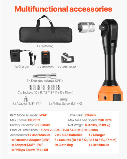 Cordless Ratchet Wrench, 3/8 inch Drive, 230 RPM, up to 66 ft-lbs of Torque, Battery Powered Electric Ratchet Wrench Set with Two 2.0Ah Batteries, Charger, Sockets, Adaptors and Cloth Bag