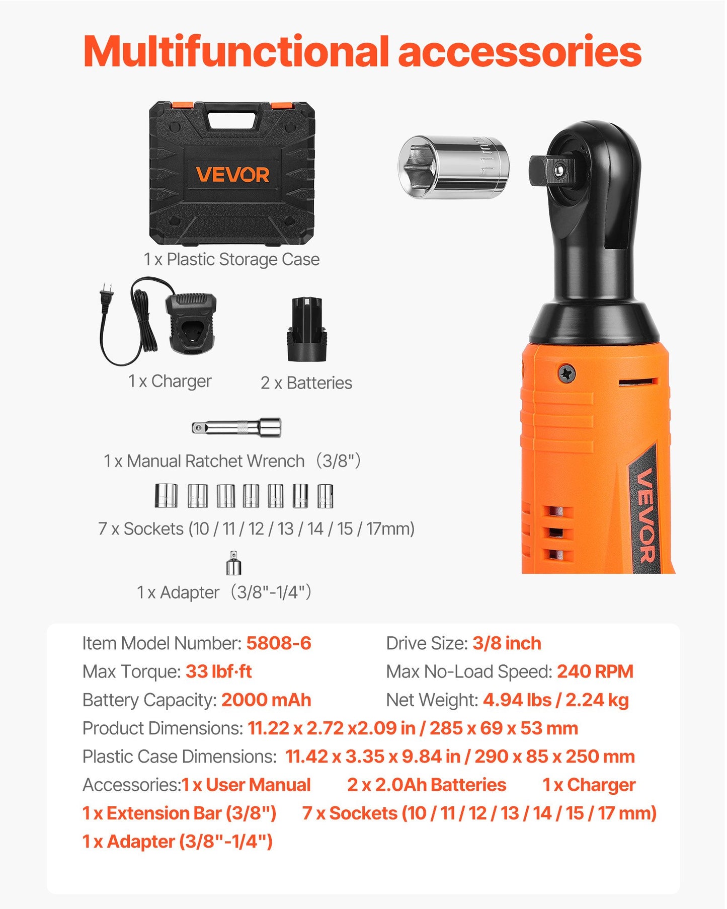 Cordless Ratchet Wrench, 3/8 inch Drive, 240 RPM, up to 33 ft-lbs of Torque, Battery Powered Electric Ratchet Wrench Set with Two 2.0Ah Batteries, Charger, Sockets, Adaptor and Extension Bar