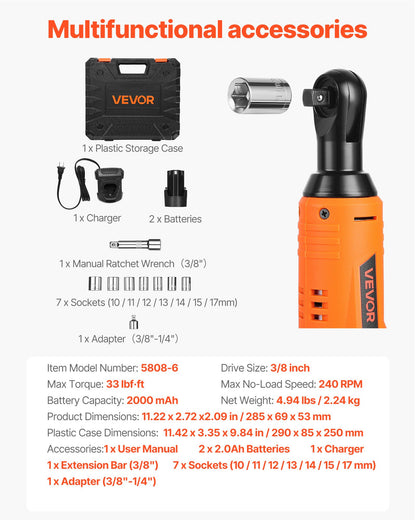 Cordless Ratchet Wrench, 3/8 inch Drive, 240 RPM, up to 33 ft-lbs of Torque, Battery Powered Electric Ratchet Wrench Set with Two 2.0Ah Batteries, Charger, Sockets, Adaptor and Extension Bar