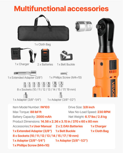 Cordless Ratchet Wrench, 3/8 inch Drive, 230 RPM, up to 88 ft-lbs of Torque, Battery Powered Electric Ratchet Wrench Set with Two 2.0Ah Batteries, Charger, Sockets, Adaptors and Cloth Bag