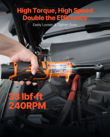 Cordless Ratchet Wrench, 3/8 inch Drive, 240 RPM, up to 33 ft-lbs of Torque, Extended Battery Powered Electric Ratchet Wrench Set with Two Batteries, Charger, Sockets, Adaptor and Extension Bar