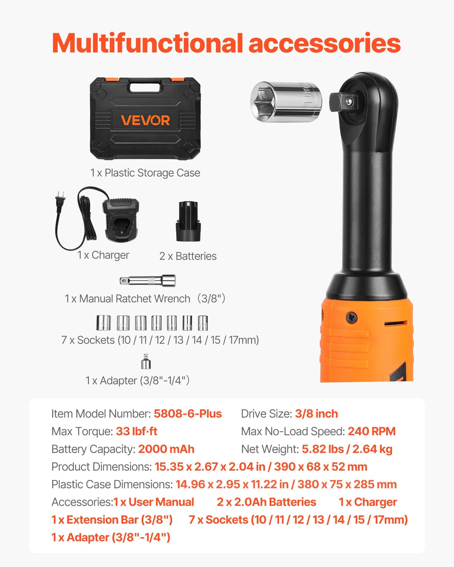 Cordless Ratchet Wrench, 3/8 inch Drive, 240 RPM, up to 33 ft-lbs of Torque, Extended Battery Powered Electric Ratchet Wrench Set with Two Batteries, Charger, Sockets, Adaptor and Extension Bar