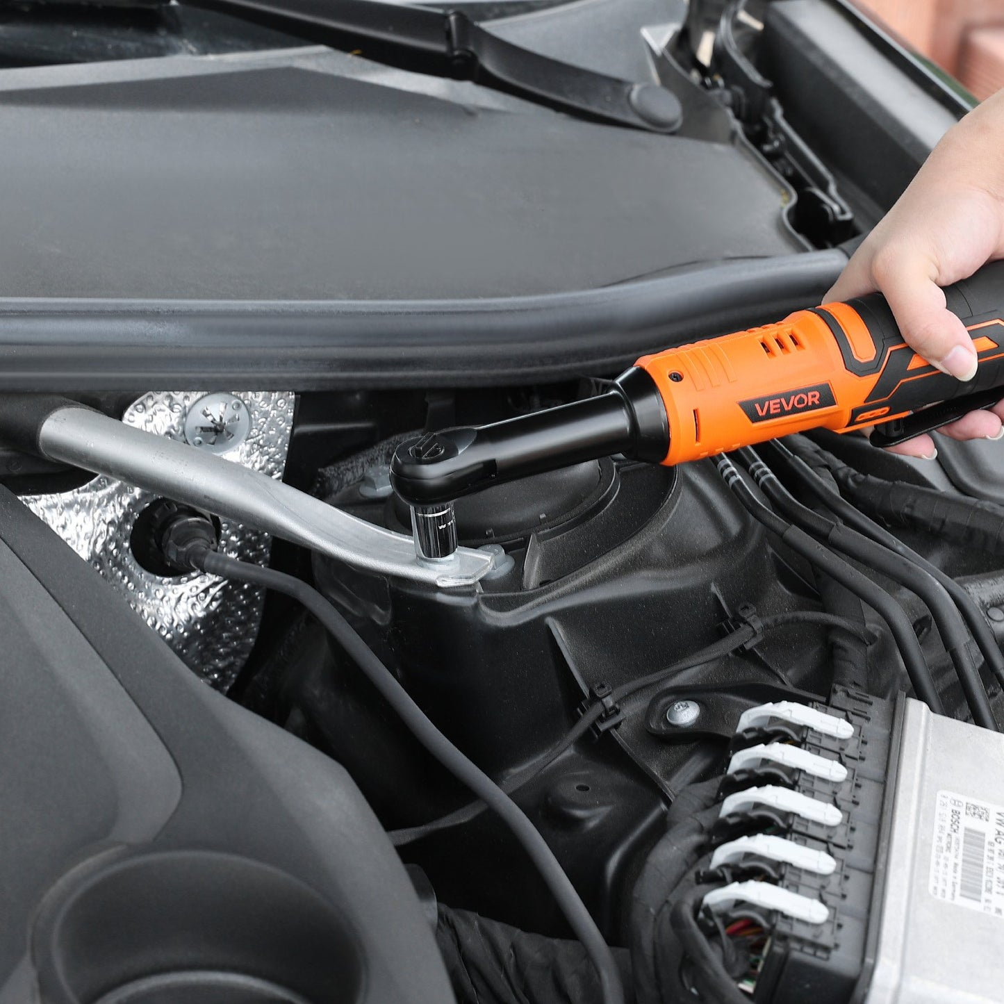 Cordless Ratchet Wrench, 3/8 inch Drive, 240 RPM, up to 33 ft-lbs of Torque, Extended Battery Powered Electric Ratchet Wrench Set with Two Batteries, Charger, Sockets, Adaptor and Extension Bar