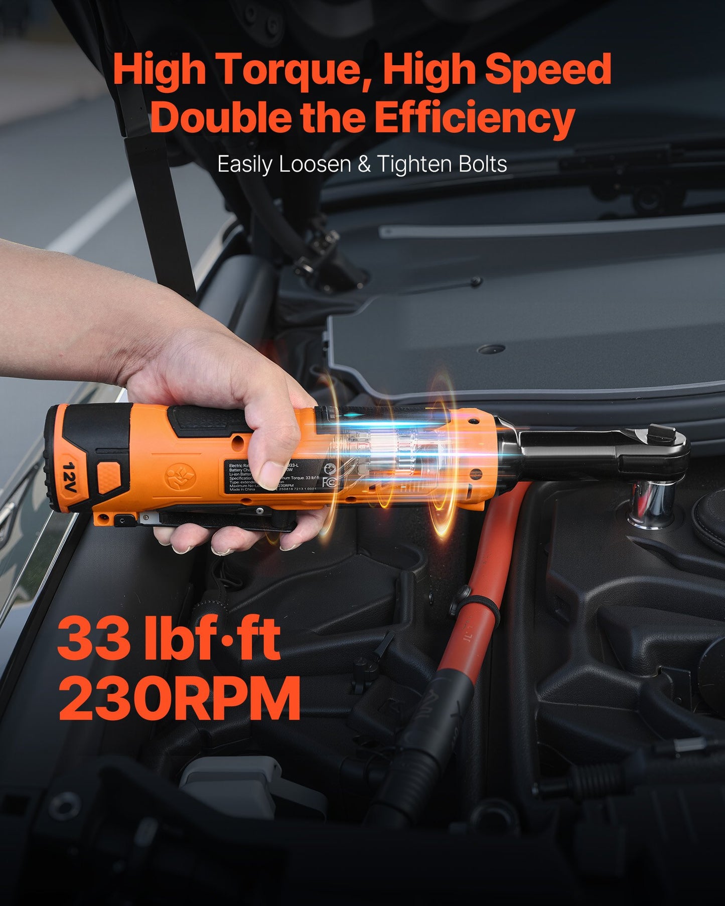 Cordless Ratchet Wrench, 3/8 inch Drive, 230 RPM, up to 33 ft-lbs of Torque, Battery Powered Electric Ratchet Wrench Set with Two 2.0Ah Batteries, Charger, Sockets, Adaptor and Carrying Case