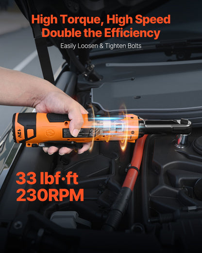 Cordless Ratchet Wrench, 3/8 inch Drive, 230 RPM, up to 33 ft-lbs of Torque, Battery Powered Electric Ratchet Wrench Set with Two 2.0Ah Batteries, Charger, Sockets, Adaptor and Carrying Case