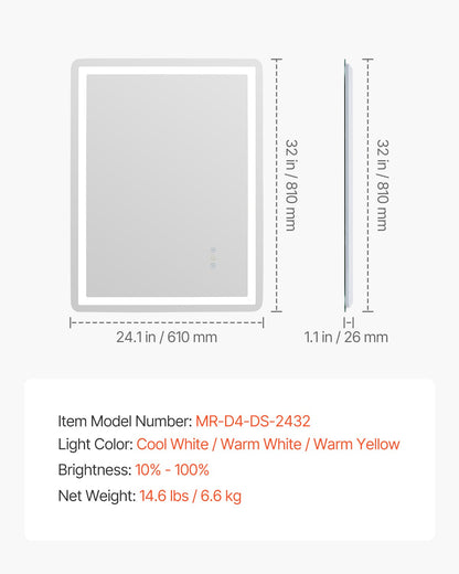 LED Bathroom Mirror, 24" x 32" LED Bathroom Vanity Mirror with Frontlit and Backlit, Anti-Fog Memory Mirror with Lights, Stepless 3 Colors Temperature Dimmable Bathroom Mirror, Wall Mounted