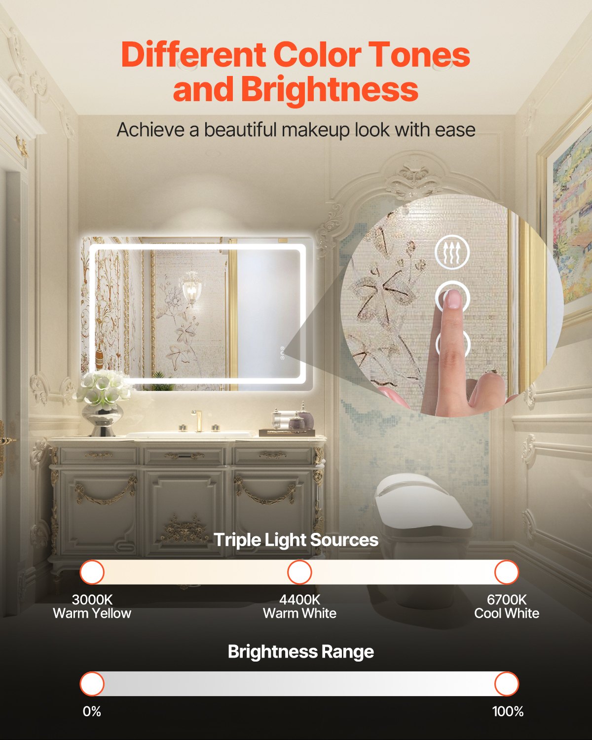 LED Bathroom Mirror, 32" x 48" LED Bathroom Vanity Mirror with Frontlit and Backlit, Anti-Fog Memory Mirror with Lights, Stepless 3 Colors Temperature Dimmable Bathroom Mirror, Wall Mounted