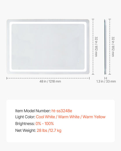 LED Bathroom Mirror, 32" x 48" LED Bathroom Vanity Mirror with Frontlit and Backlit, Anti-Fog Memory Mirror with Lights, Stepless 3 Colors Temperature Dimmable Bathroom Mirror, Wall Mounted