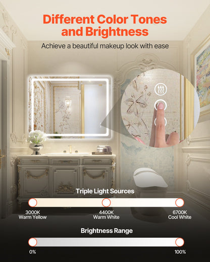 LED Bathroom Mirror, 36" x 48" LED Bathroom Vanity Mirror with Frontlit and Backlit, Anti-Fog Memory Mirror with Lights, Stepless 3 Colors Temperature Dimmable Bathroom Mirror, Wall Mounted