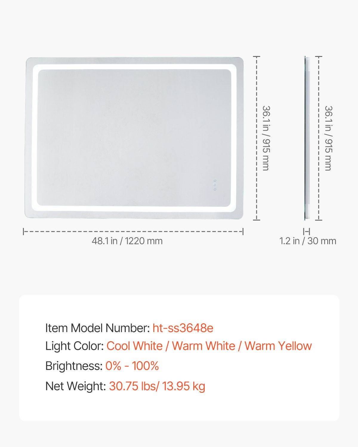 LED Bathroom Mirror, 36" x 48" LED Bathroom Vanity Mirror with Frontlit and Backlit, Anti-Fog Memory Mirror with Lights, Stepless 3 Colors Temperature Dimmable Bathroom Mirror, Wall Mounted