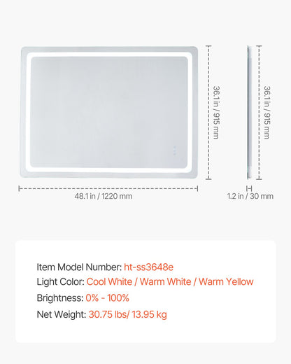 LED Bathroom Mirror, 36" x 48" LED Bathroom Vanity Mirror with Frontlit and Backlit, Anti-Fog Memory Mirror with Lights, Stepless 3 Colors Temperature Dimmable Bathroom Mirror, Wall Mounted