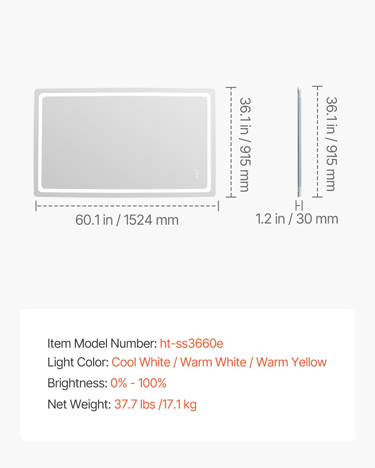 LED Bathroom Mirror, 36" x 60" LED Bathroom Vanity Mirror with Frontlit and Backlit, Anti-Fog Memory Mirror with Lights, Stepless 3 Colors Temperature Dimmable Bathroom Mirror, Wall Mounted