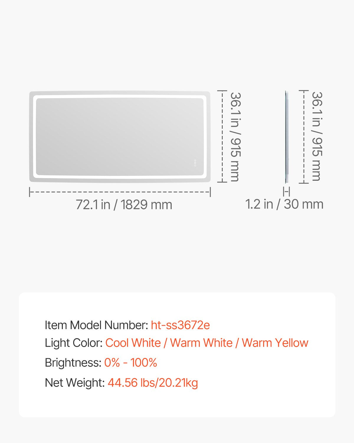 LED Bathroom Mirror 3 Colors Anti-fog Wall Mounted Vanity Mirror 36 x 72 in