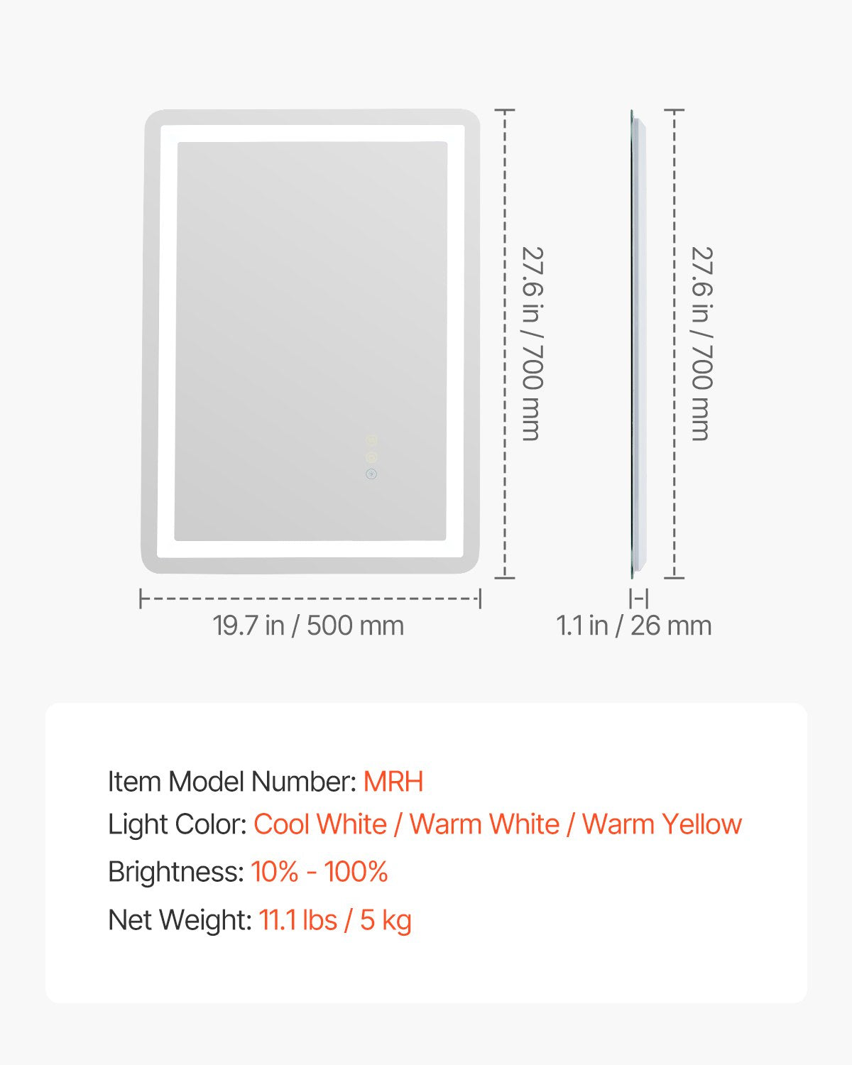 LED-Badezimmerspiegel, 3 Farben, beschlagfrei, Wandmontage, Schminkspiegel, 50 x 70 cm