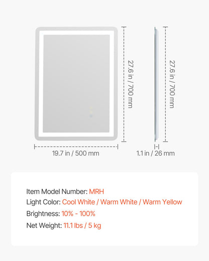 LED-Badezimmerspiegel, 3 Farben, beschlagfrei, Wandmontage, Schminkspiegel, 50 x 70 cm