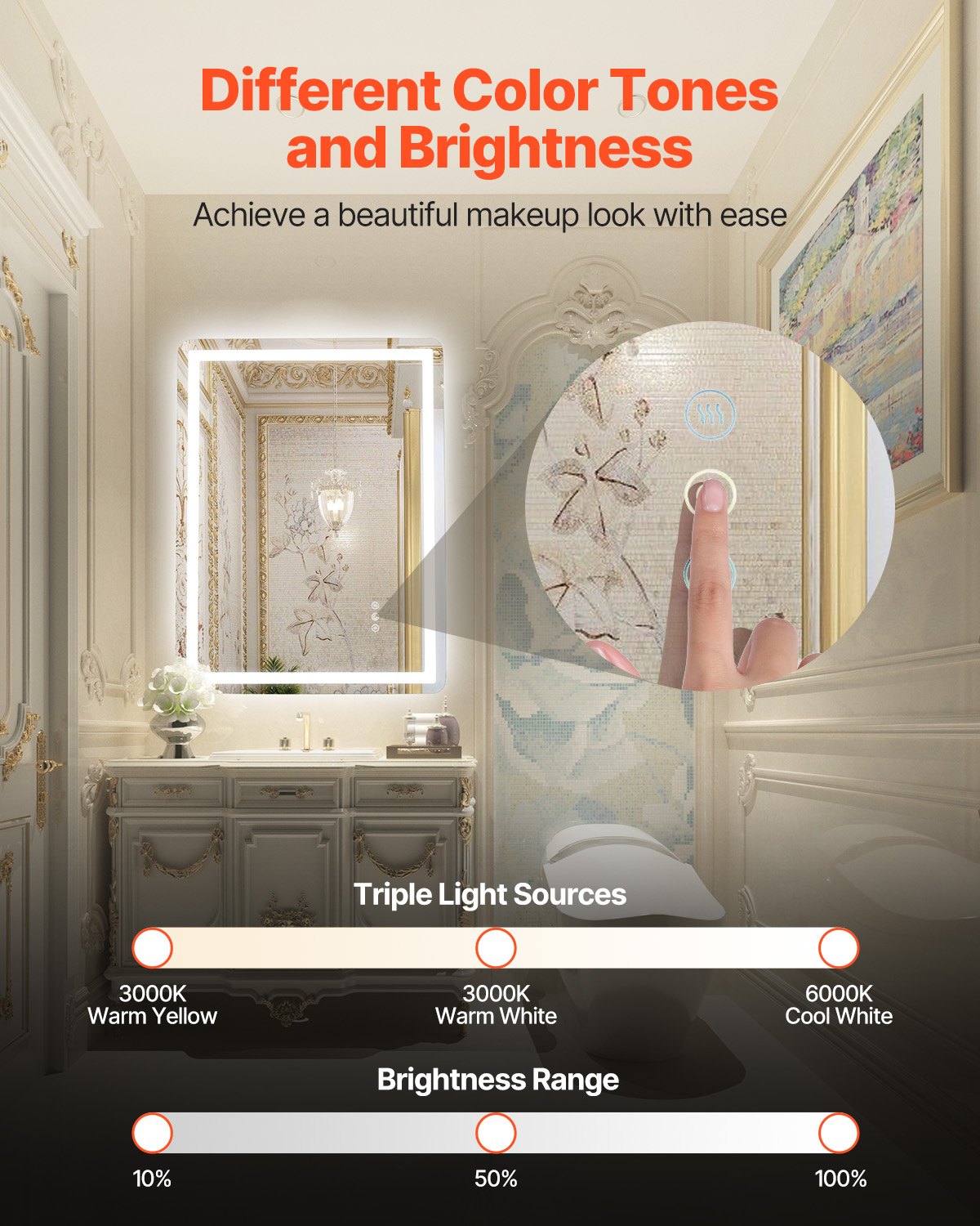 LED-Badezimmerspiegel, 3 Farben, beschlagfrei, Wandmontage, Schminkspiegel, 60 x 80 cm