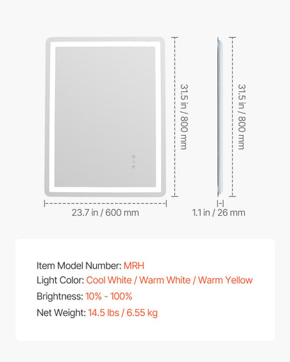 LED-Badezimmerspiegel, 3 Farben, beschlagfrei, Wandmontage, Schminkspiegel, 60 x 80 cm
