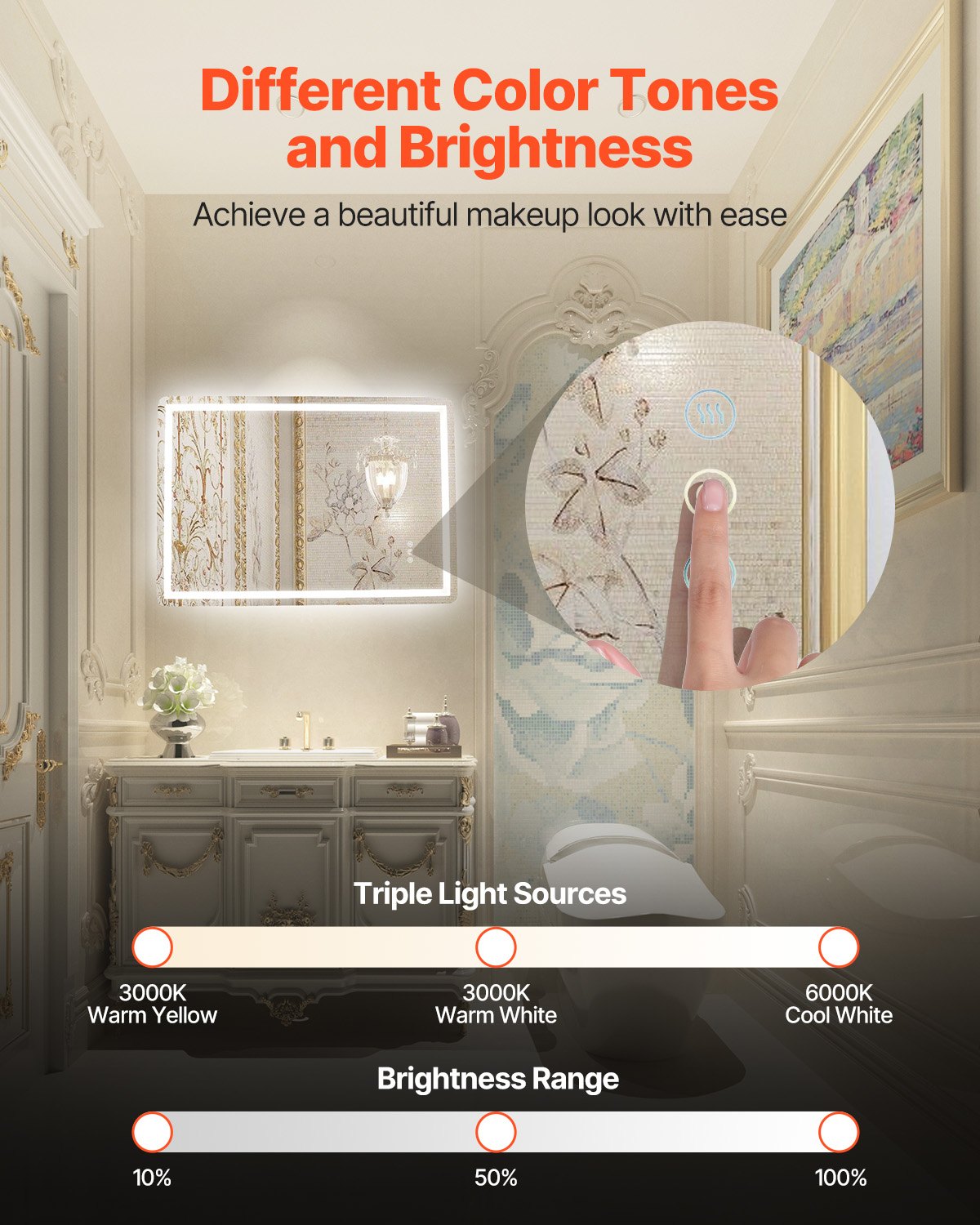 LED-Badezimmerspiegel, 3 Farben, beschlagfrei, Wandmontage, Schminkspiegel, 70 x 100 cm