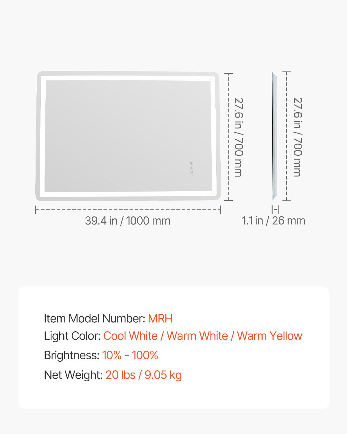 LED-Badezimmerspiegel, 3 Farben, beschlagfrei, Wandmontage, Schminkspiegel, 70 x 100 cm