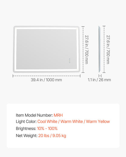 LED-Badezimmerspiegel, 3 Farben, beschlagfrei, Wandmontage, Schminkspiegel, 70 x 100 cm