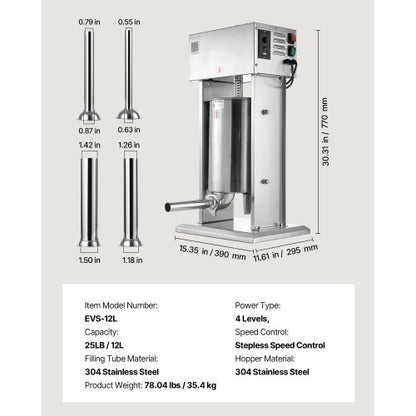 Elektrisk Korvfyllare, 12 L Vertikal Köttfyllare, Steglös Hastighetskontroll och Fotpedal, Robust Korvfyllare i Rostfritt Stål med 4 Fyllningsrör, För Kommersiellt & Hembruk |  EU
