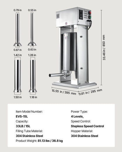 Electric Sausage Stuffer, 33 LBS / 15 L Vertical Meat Stuffer, Stepless Speed Control and Foot Pedal, Stainless Steel Heavy Duty Sausage Filler with 4 Stuffing Tubes, for Commercial & Home Use