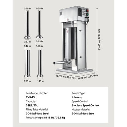 Elektrisk Korvfyllare, 15 L Vertikal Köttfyllare, Steglös Hastighetskontroll och Fotpedal, Robust Korvfyllare i Rostfritt Stål med 4 Fyllningsrör, För Kommersiellt & Hembruk |  EU