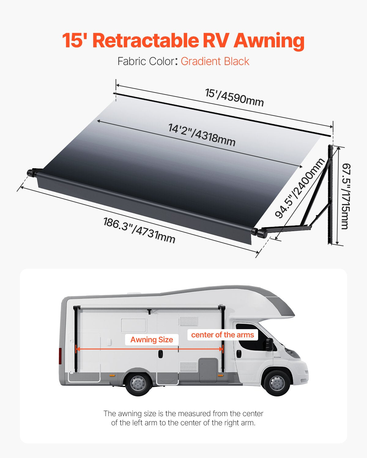 15' Ersättningsmarkis för husbilar Elektrisk släpmarkis för de flesta DC12V husbilar