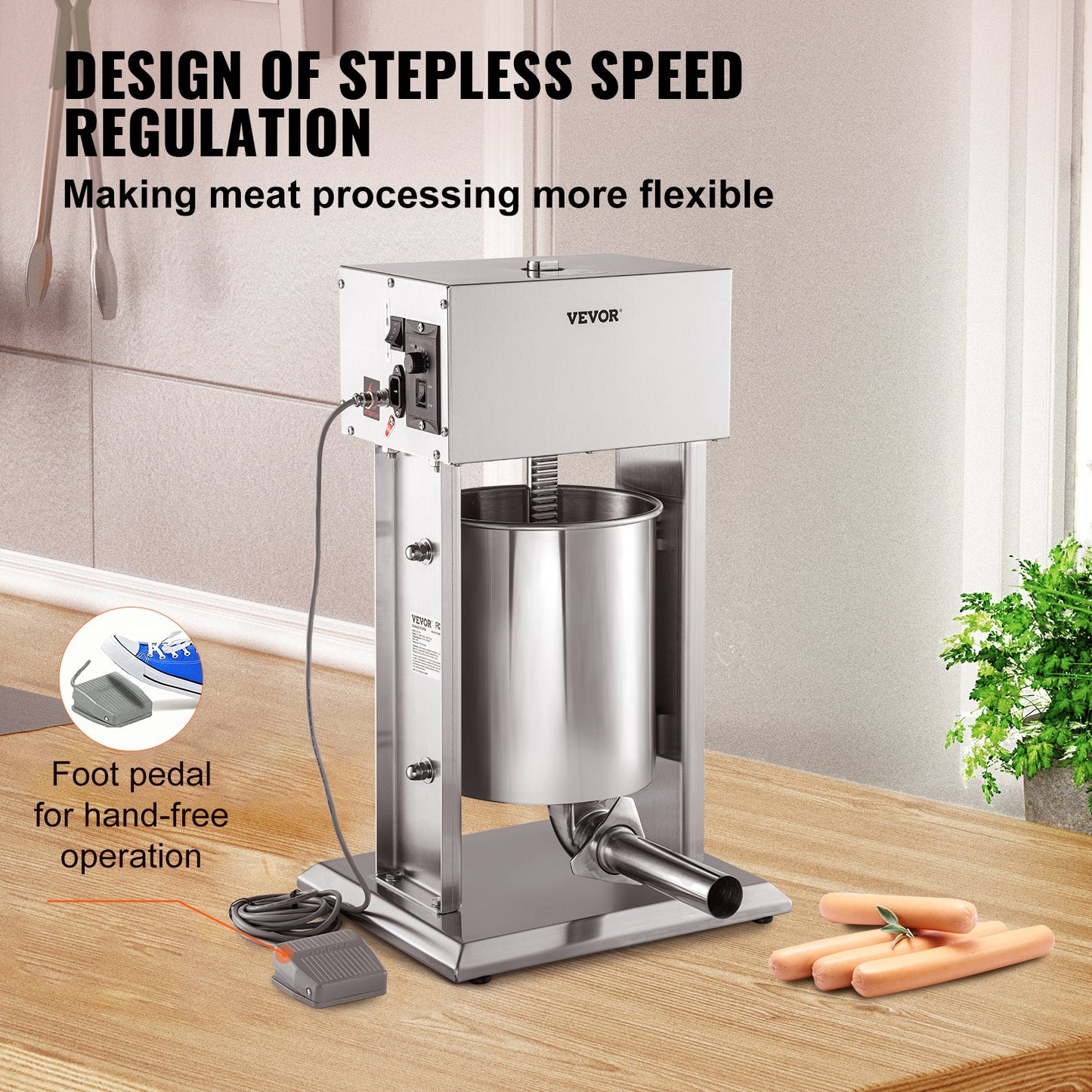 Electric Stuffer, 10L Large Capacity, 200W Vertical Sausage Stuffer with Speed Stepless, 304 Stainless Steel Sausage Machine with 4 Stuffing Tubes, Foot Pedal for Household or Commercial Use